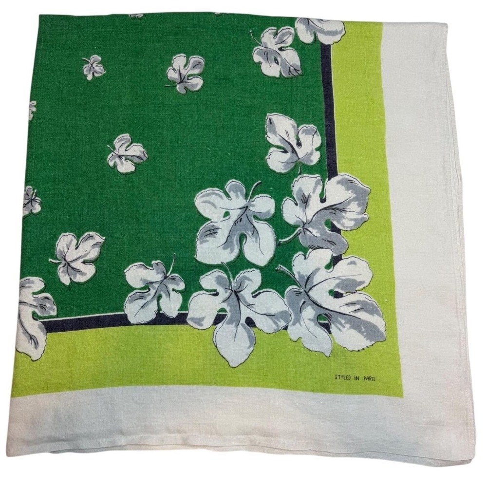 Vintage 1950s Styled in Paris Green Fig Leaf Print Fine Linen Tablecloth